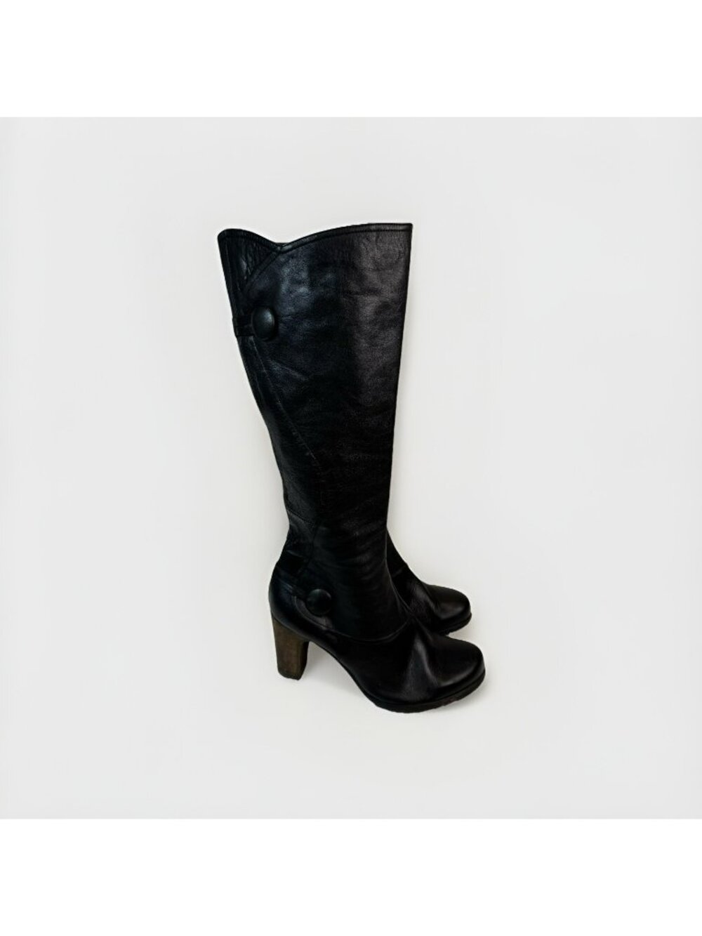 Miz Mooz Tall Heeled Knee Boots Womens US 8.5 EU 39 Black Leather Button
